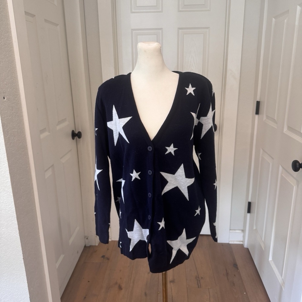 Vtg Prosperity Cardigan Sweater Womens Sz‎ M Navy Blue Stars USA Shoulder Pads